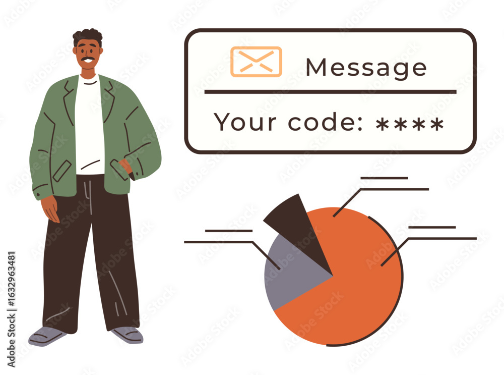 Poster smiling man standing beside secure code message and a labeled pie chart. ideal for technology, secur