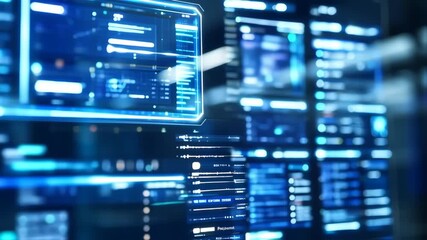 Futuristic digital interface displays data streams and codes on multiple screens - Powered by Adobe