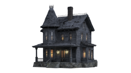 Spooky abandoned Victorian house with glowing windows on a transparent background, PNG image file