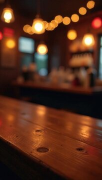 Warm wood tabletop, blurred festive lights, dark pub background, out of focus, vintage, background