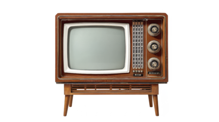 Old classic brown wooden television set with screen and control dials standing on its original stand on a transparent background PNG image