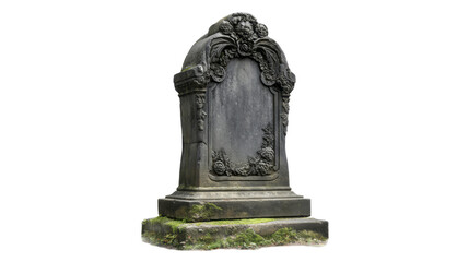 Obraz premium Old stone tombstone monument with ornate carvings and moss on a transparent background PNG image