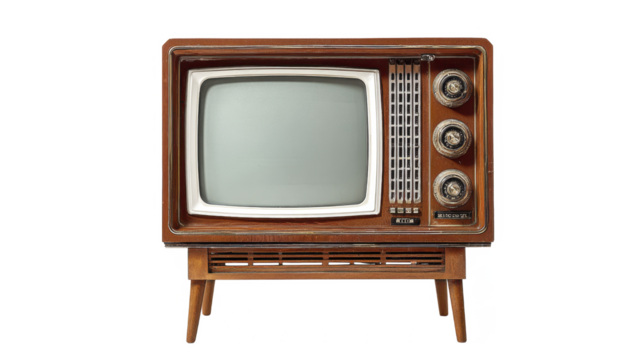 Old classic brown wooden television set with screen and control dials standing on its original stand on a transparent background PNG image
