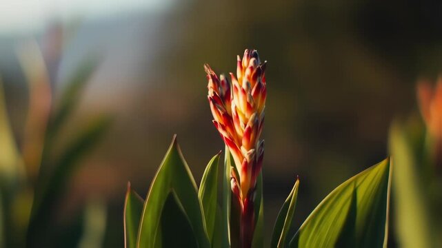Vibrant red and yellow flower bud emerging from green foliage in soft sunlight