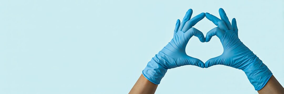 Hands in blue medical gloves forming heart shape on light blue background
