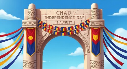 Festive Archway: Chad Independence Day Celebration - August 11th, Vibrant Flags & Stone Carvings