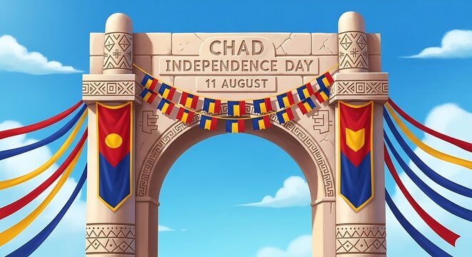 Festive Archway: Chad Independence Day Celebration - August 11th, Vibrant Flags & Stone Carvings