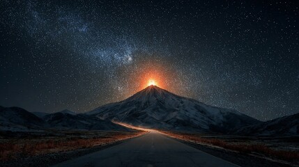 Mountain peak bathed in sunrise, under a night sky filled with stars and Milky Way