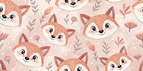 Charming watercolor fox faces and floral elements create a whimsical, cozy seamless pattern perfect for kids' decor.