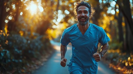 Smiling male doctor in a white coat running at full speed outdoors, surrounded by vivid orange motion blur, symbolizing urgency, dedication, and dynamic action in healthcare.