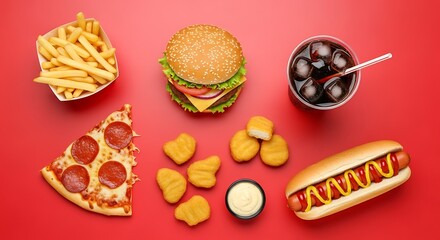 Overhead Shot of Delicious and Tempting Fast Food Arrangement on Red Background