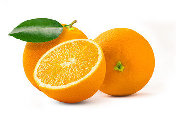 Orange with half and leaves isolated on white background