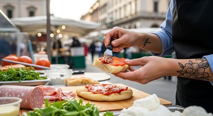Person preparing a delicious pizza at an outdoor food market in a vibrant city