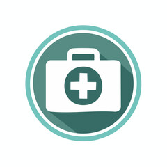 Fototapeta premium A white medical kit icon with a plus sign inside a teal circle, casting a shadow.