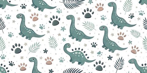 Charming dinosaur and paw print pattern perfect for children's decor and whimsical designs