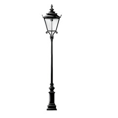 A classic vintage black street lamp with glass shade, isolated on white background. Features ornate metalwork and traditional design elements.