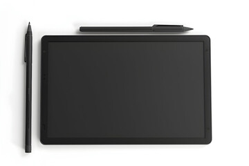 Digital drawing tablet with stylus pens on white background, modern flat lay tech device for creatives and professionals
