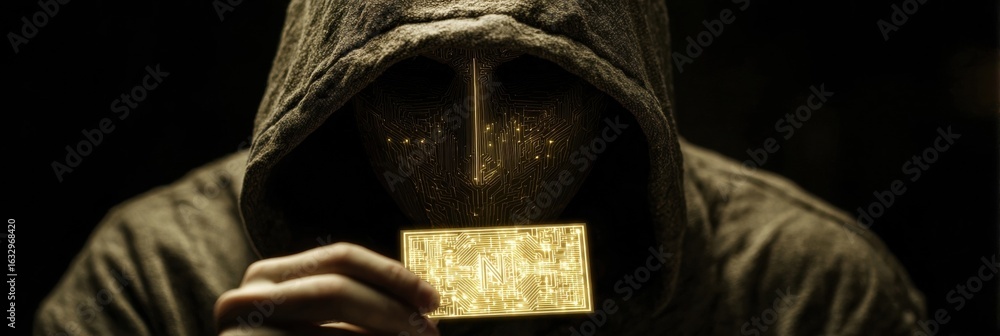 Poster mysterious figure in hooded cloak holding a golden card with intricate patterns in a dark setting