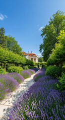 Fototapeta premium A Beautifully Maintained Estate Garden Featuring a Winding Path Lined with Vibrant Purple Flowers Leading Towards an Elegant House Under a Bright Blue Sky