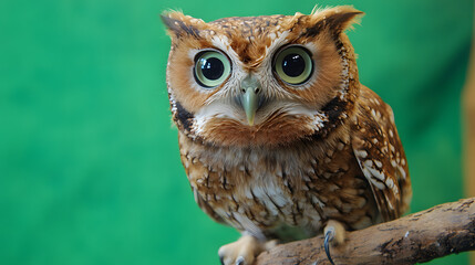 Obraz premium owl with wide eyes perched on branch on green screen