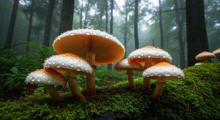 Enchanting Woodland Fungi Cluster Amidst Misty Forest Floor Covered in Lush Green Moss and Dew Drops Capturing a Serene Natural Beauty