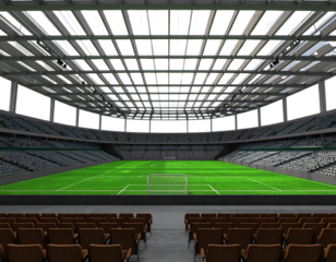  Football Stadium Interior View with Empty Stands, 3D Render Realistic, Slight Perspective Angle, PNG
