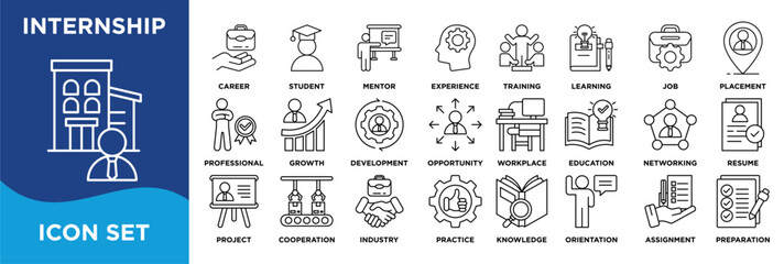 internship icon collection set. Containing training,experience,career,student,skills,mentor,learning,job,exposure,placement icon. Simple line vector.