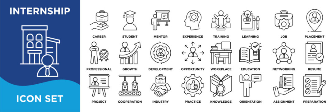 internship icon collection set. Containing training,experience,career,student,skills,mentor,learning,job,exposure,placement icon. Simple line vector.
