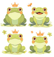 Four cute green frogs with crowns sitting on green grass, some smiling, one with closed mouth, and a small butterfly nearby.