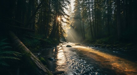 Obraz premium Serene woodland landscape with a mountain river bathed in the golden light of the sun filtering through the trees