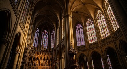 Naklejka premium Majestic Gothic Cathedral Interior Illuminated by Stained Glass Windows Creating a Heavenly Atmosphere