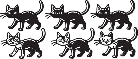 Fototapeta premium Six black cartoon cats with white accents walking and looking black cat illustration