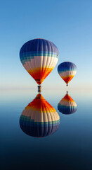 Fototapeta premium Two Colorful Hot Air Balloons Gracefully Floating Above a Calm Blue Body of Water Reflecting Their Vibrant Hues Under a Clear Sky