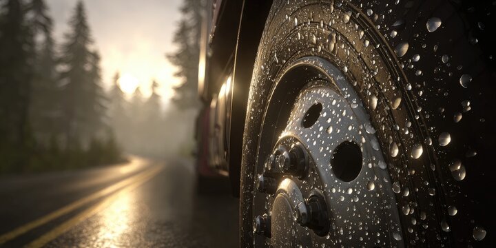 Wet truck tire on a misty road at sunrise