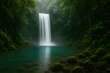 A beautiful, misty waterfall cascades into a turquoise pool, surrounded by lush green trees and moss-covered rocks