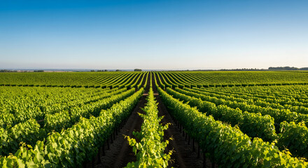 A beautiful vineyard with endless rows of green grapevines under a clear, bright blue sky on a sunny day