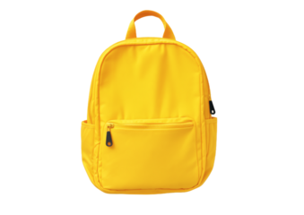 A small, bright yellow backpack with a front pocket and zipper closure, suitable for daily commuting and school use.