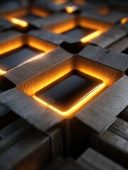 Smartphone Highlighted With Warm Light Amid Textured Wooden Panels at an Artistic Display
