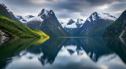 A breathtaking fjord with a mirror-like water reflection of green slopes and snow-capped mountains under a dramatic sky