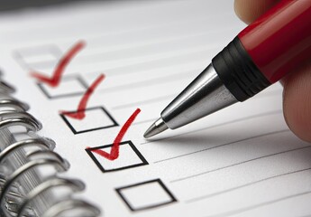 Hand marking checkboxes on a spiral-bound notebook
