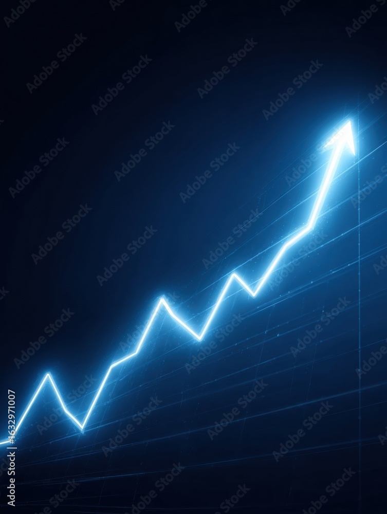Poster digital representation of an upward trend in data analytics with glowing blue line against a dark ba