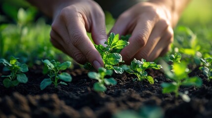 Human hands nurturing young plant seedlings in fertile garden soil under sunlight