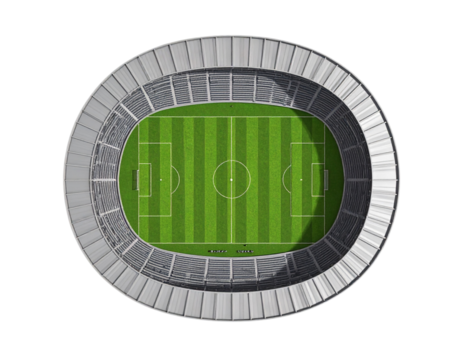  Top-Down 3D Render of Football Stadium with Green Field, Realistic Texture, Isolated on White Background