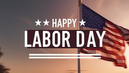 Happy labor day message with american flag waving against a sunset sky background outdoor scene