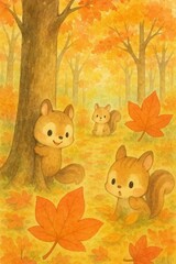 木登りをするリスと仲間たちの秋の森（ほっこり絵本風）
