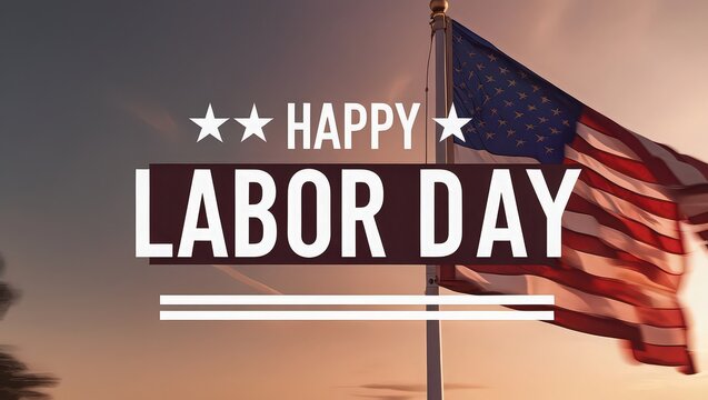 Happy labor day message with american flag waving against a sunset sky background outdoor scene