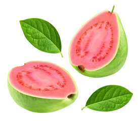Photo of two halves of ripe guava with leaves isolated on on transparent background.