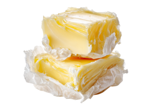 Two blocks of creamy yellow butter wrapped in parchment paper, Isolated On White, Transparent Background, Png Cut Out