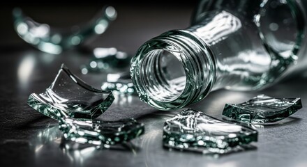Close up shot of a shattered glass bottle lying on its side with sharp fragments scattered around the neck on a dark reflective surface