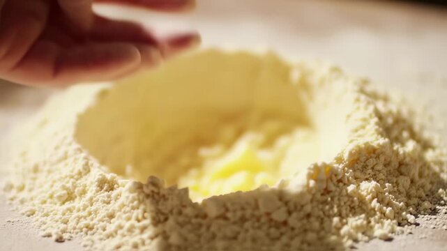 Close-up of adding butter cubes to flour while preparing dough for baking